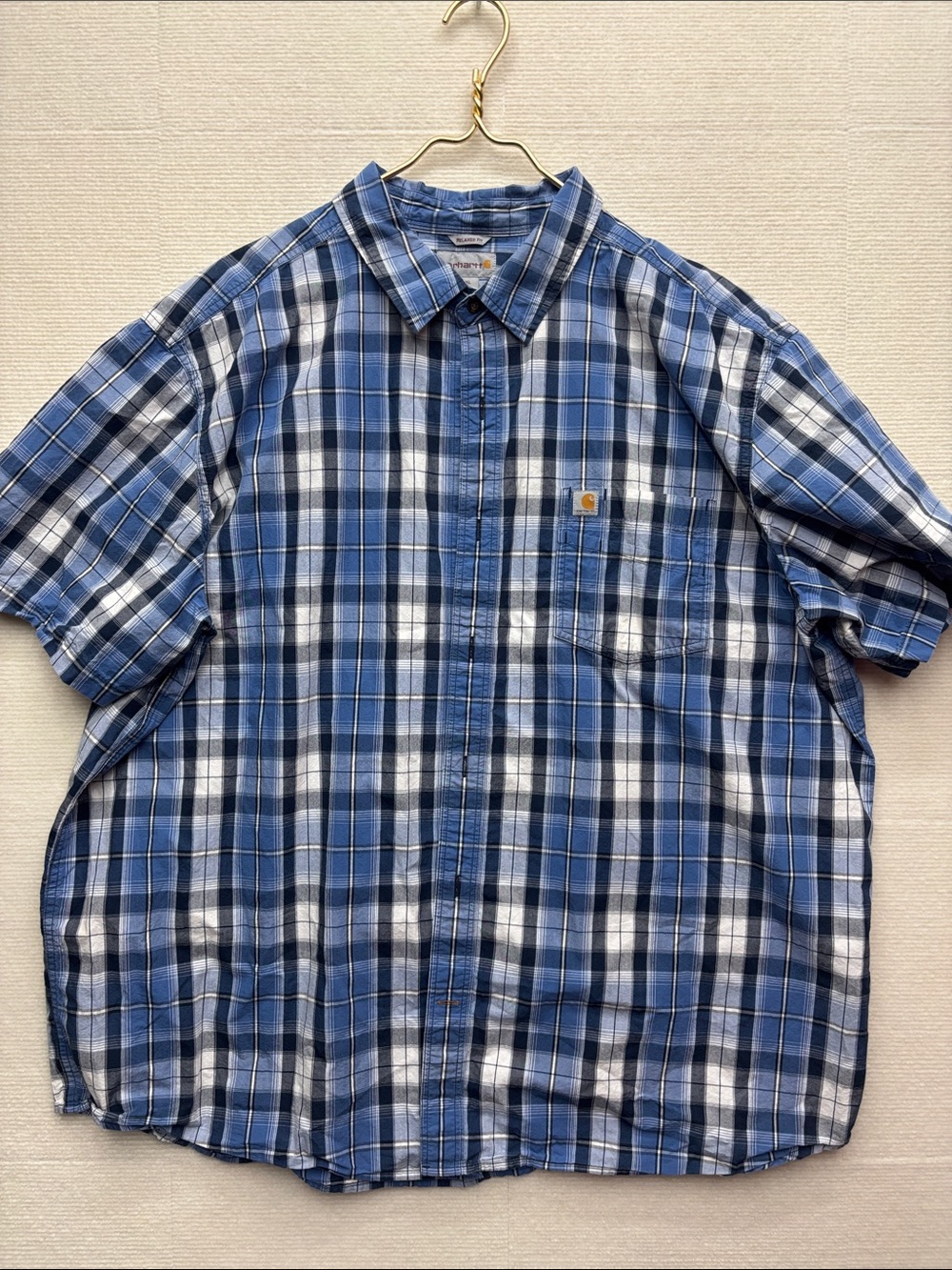 Carhartt Men's Blue White Plaid Short Sleeve Button-Up Shirt